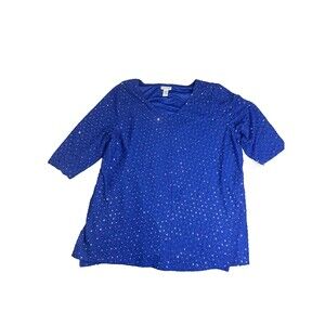 Catherine's 2X Womens Blouse Blouse W/ Silver Sequin Pullover V Neck 3/4 Sleeve